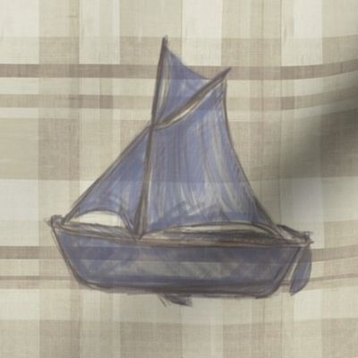 Sailboat on Distressed Lt Plaid