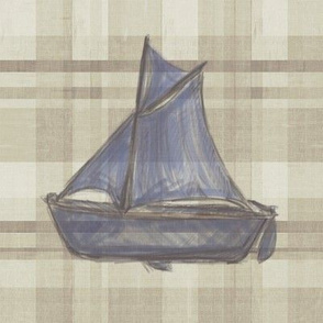 Sailboat on Distressed Lt Plaid