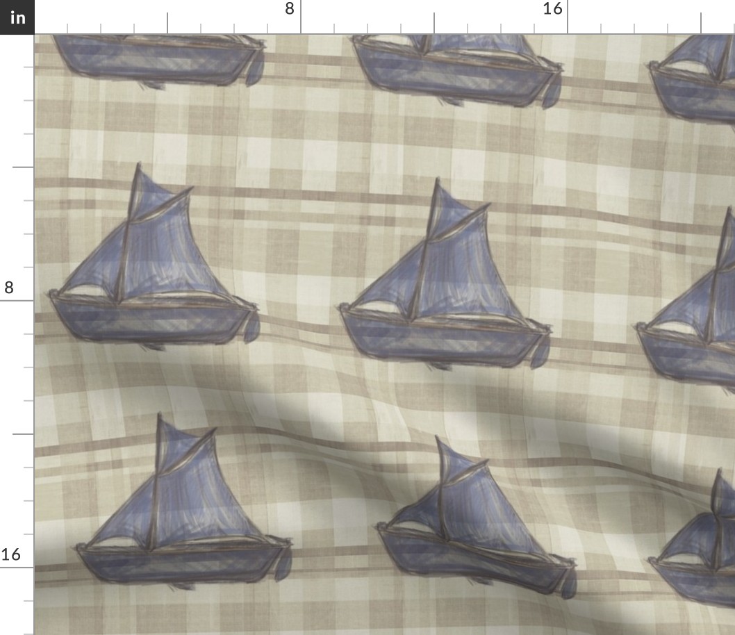 Sailboat on Distressed Lt Plaid