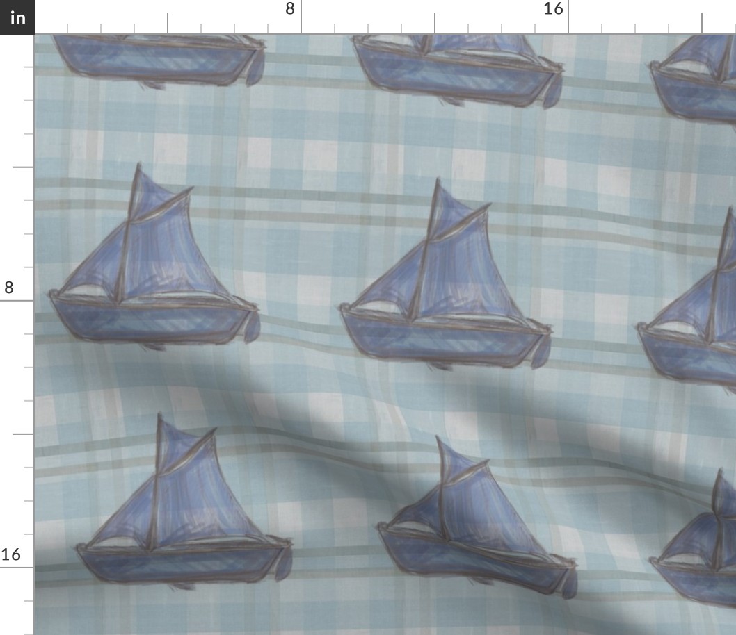 Sailboat on Distressed Teal Plaid