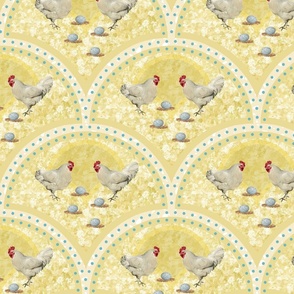 Country Farmhouse Chickens, Rooster and Nesting Hen, Farmyard Blue Speckled Eggs on Yellow White