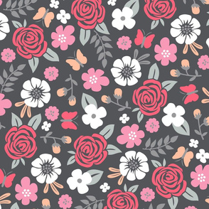Flowers and Roses  Floral Red on Dark Grey Larger