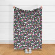 Flowers and Roses  Floral Pink on Dark grey Large