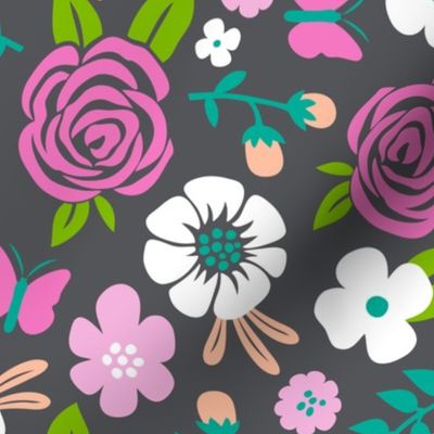 Flowers and Roses  Floral Pink on Dark grey Large