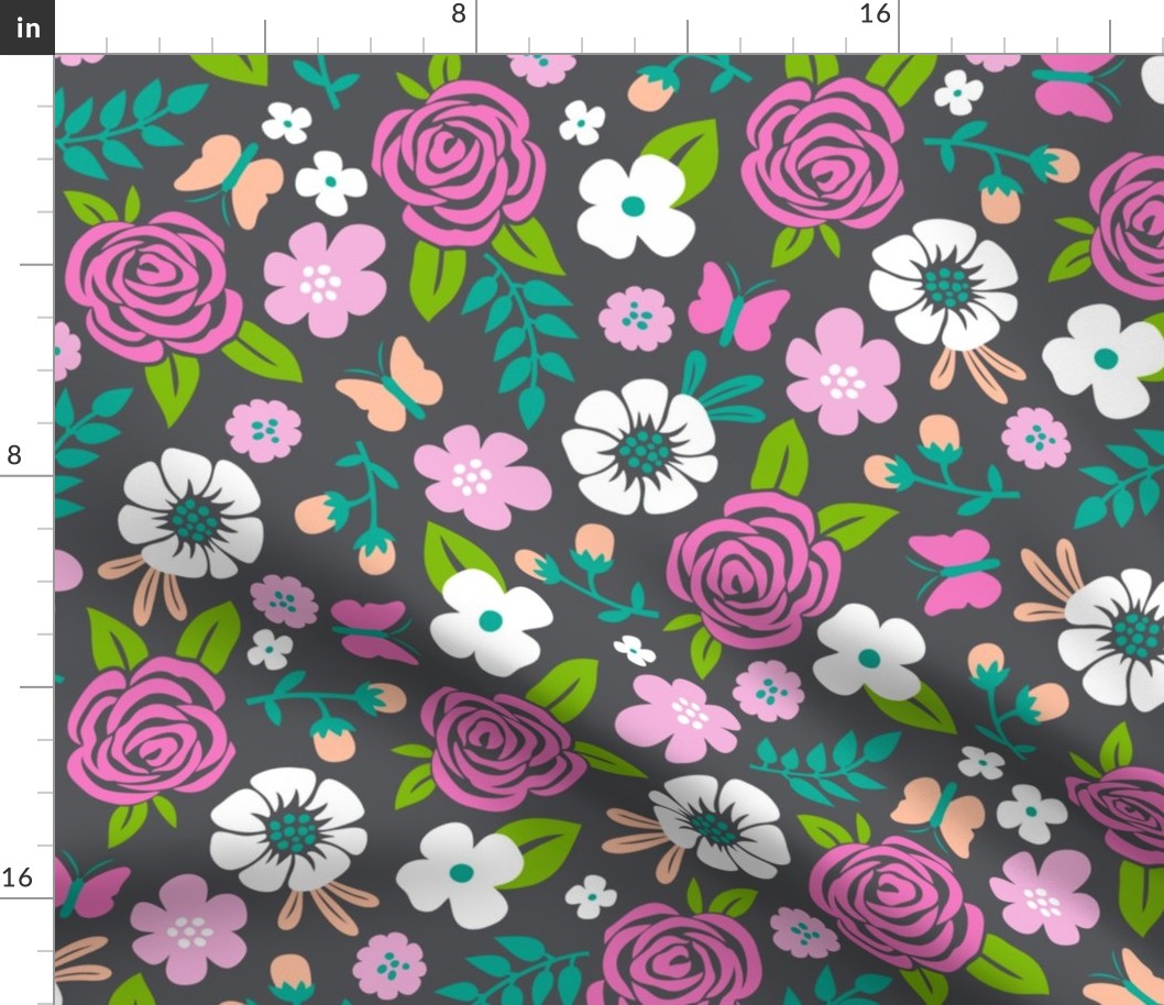 Flowers and Roses  Floral Pink on Dark grey Large