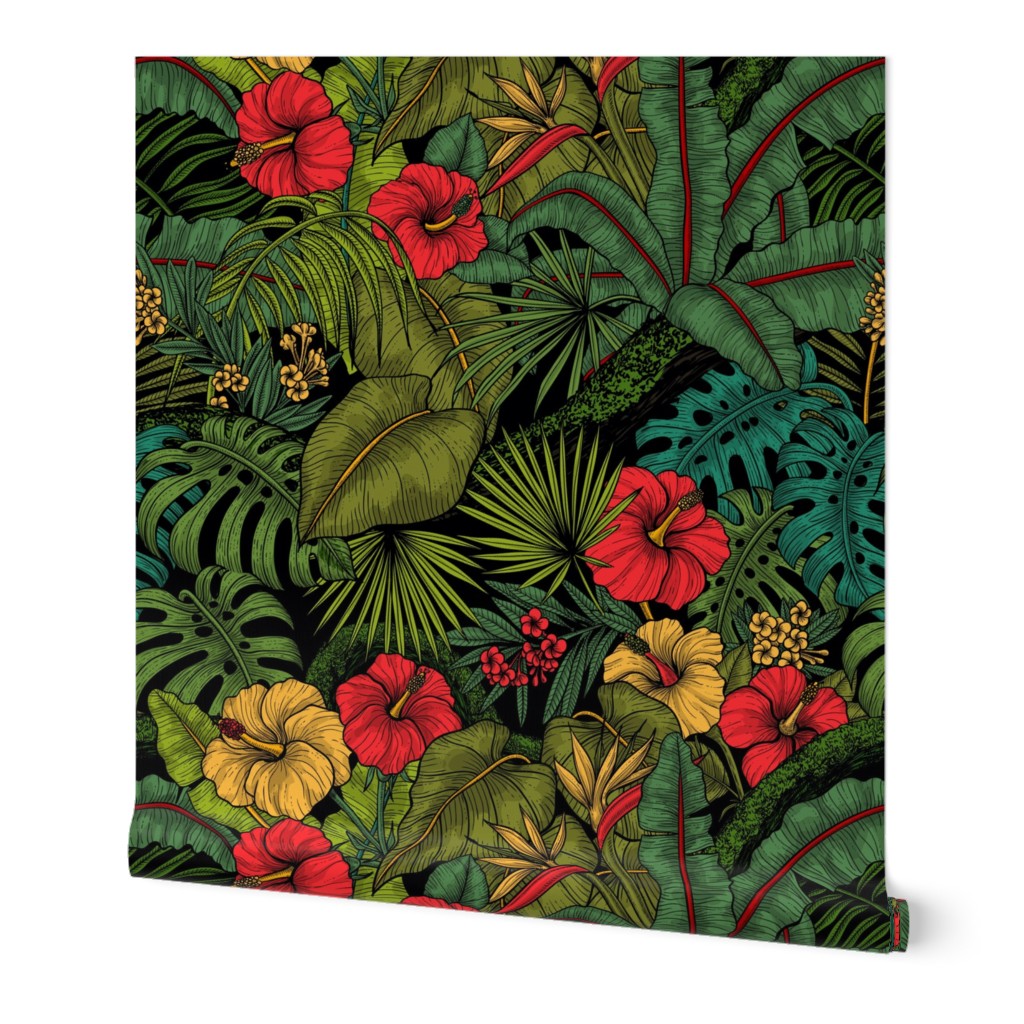 Tropical garden, green and red