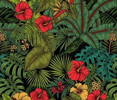Tropical garden, green and red