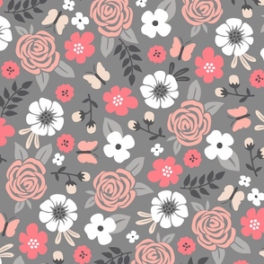 Flowers and Roses Floral on Grey Large