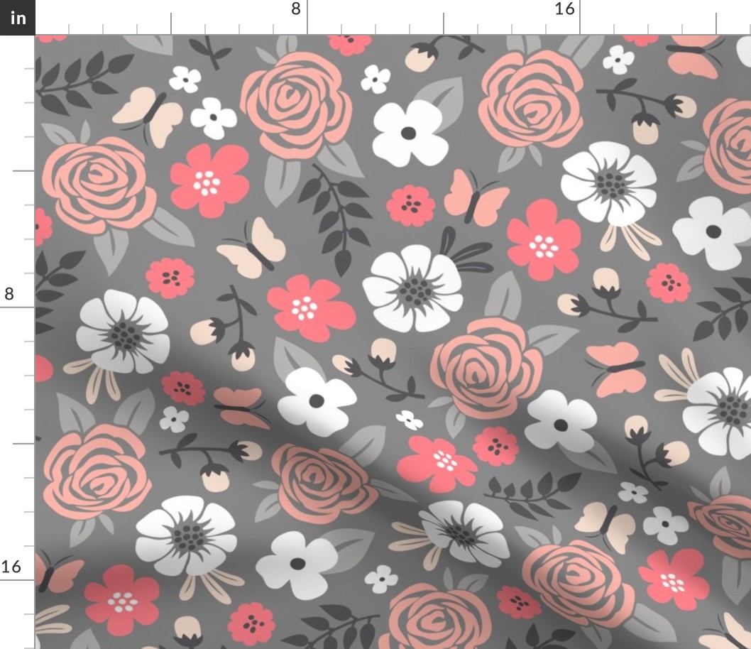 Flowers and Roses Floral on Grey Large