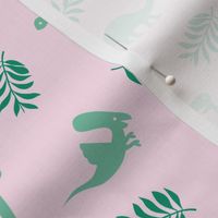 Minimal tropical dinosaur garden palm leaf summer swim design green pink