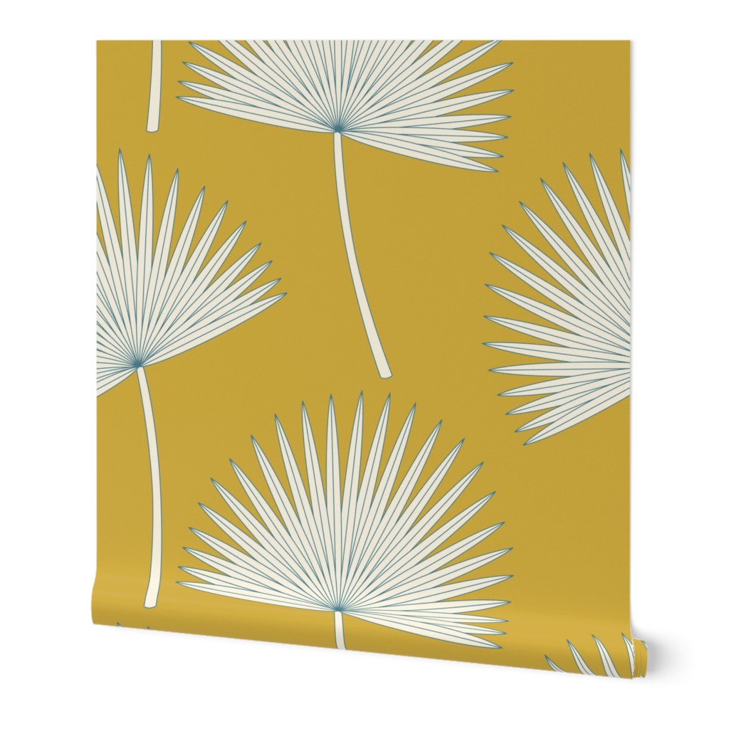 Boho sunshine palm leaves on mustard green