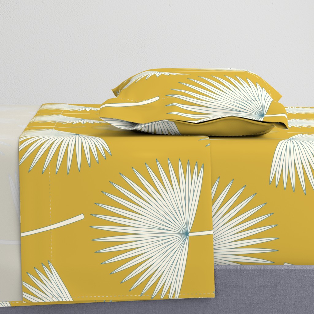 Boho sunshine palm leaves on mustard green