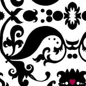  Damask with pink hearts Black on White