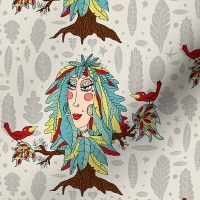 bohemian boho tree, leaves and feather fantasy woman dryad goddess, large scale, gray grey green yellow red brown taupe beige quirky