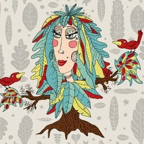 bohemian boho tree, leaves and feather fantasy woman dryad goddess, large scale, gray grey green yellow red brown taupe beige quirky