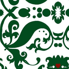  Damask with red hearts green on white