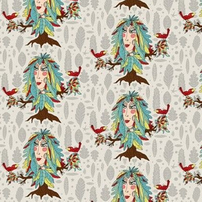 bohemian boho tree, leaves and feather woman fantasy, small scale, gray grey green yellow red brown taupe beige quirky