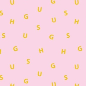 Sweet HUGS minimal hugging text design abstract typography print with expressions from the heart pink yellow