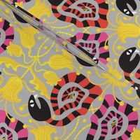 Snake Eyes Graphic Bold Snakes and Floral in Black Red Pink Yellow on Gray - UnBlink Studio by Jackie Tahara