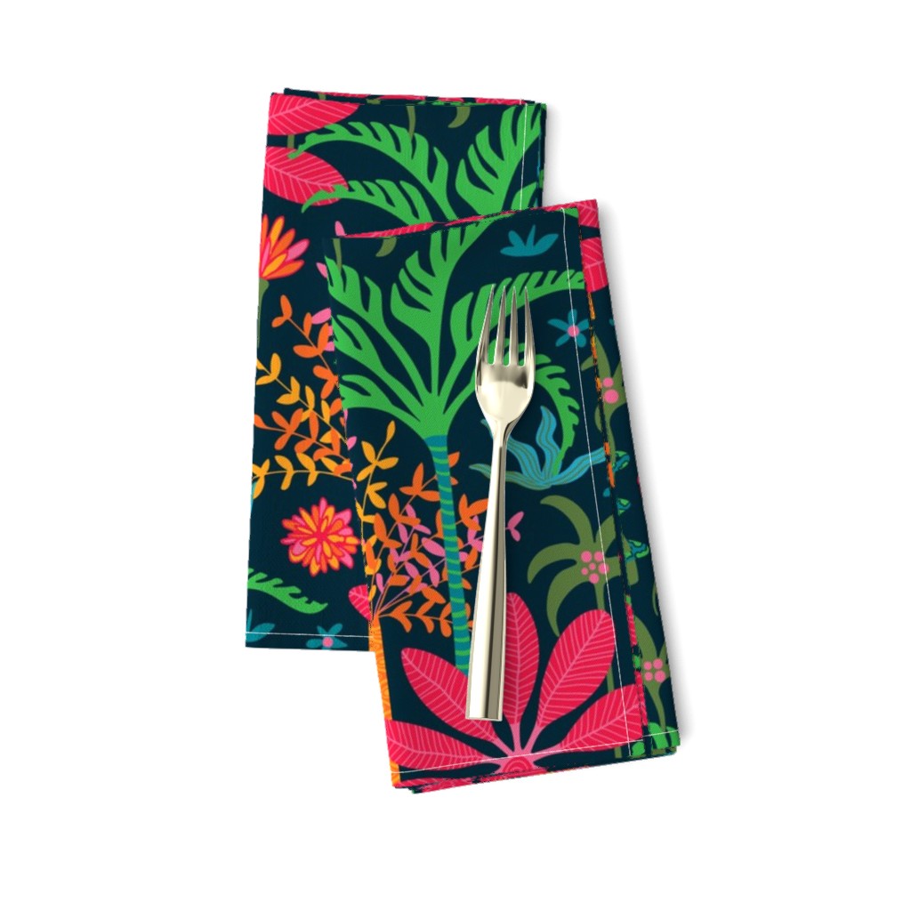 Dream Bohemian Tropical Paradise Palm Trees Exotic Floral Botanical Plants with Cute Snake in Bright Red Green Blue Orange Yellow on Dark Blue - SMALL Scale - UnBlink Studio by Jackie Tahara