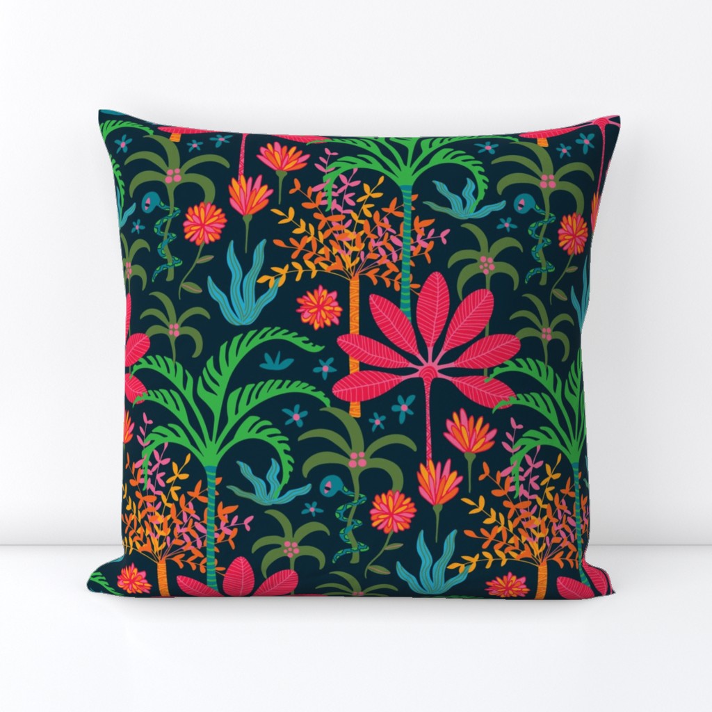 Dream Bohemian Tropical Paradise Palm Trees Exotic Floral Botanical Plants with Cute Snake in Bright Red Green Blue Orange Yellow on Dark Blue - SMALL Scale - UnBlink Studio by Jackie Tahara