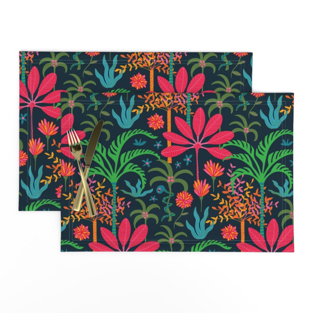 Dream Bohemian Tropical Paradise Palm Trees Exotic Floral Botanical Plants with Cute Snake in Bright Red Green Blue Orange Yellow on Dark Blue - SMALL Scale - UnBlink Studio by Jackie Tahara