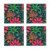 Dream Bohemian Tropical Paradise Palm Trees Exotic Floral Botanical Plants with Cute Snake in Bright Red Green Blue Orange Yellow on Dark Blue - SMALL Scale - UnBlink Studio by Jackie Tahara