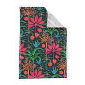 Dream Bohemian Tropical Paradise Palm Trees Exotic Floral Botanical Plants with Cute Snake in Bright Red Green Blue Orange Yellow on Dark Blue - SMALL Scale - UnBlink Studio by Jackie Tahara