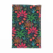 Dream Bohemian Tropical Paradise Palm Trees Exotic Floral Botanical Plants with Cute Snake in Bright Red Green Blue Orange Yellow on Dark Blue - SMALL Scale - UnBlink Studio by Jackie Tahara