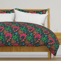 Dream Bohemian Tropical Paradise Palm Trees Exotic Floral Botanical Plants with Cute Snake in Bright Red Green Blue Orange Yellow on Dark Blue - SMALL Scale - UnBlink Studio by Jackie Tahara