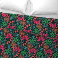 Dream Bohemian Tropical Paradise Palm Trees Exotic Floral Botanical Plants with Cute Snake in Bright Red Green Blue Orange Yellow on Dark Blue - SMALL Scale - UnBlink Studio by Jackie Tahara