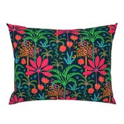 Dream Bohemian Tropical Paradise Palm Trees Exotic Floral Botanical Plants with Cute Snake in Bright Red Green Blue Orange Yellow on Dark Blue - SMALL Scale - UnBlink Studio by Jackie Tahara