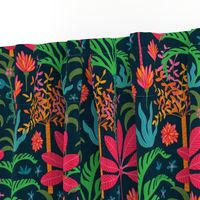 Dream Bohemian Tropical Paradise Palm Trees Exotic Floral Botanical Plants with Cute Snake in Bright Red Green Blue Orange Yellow on Dark Blue - SMALL Scale - UnBlink Studio by Jackie Tahara