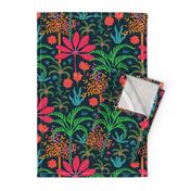 Dream Bohemian Tropical Paradise Palm Trees Exotic Floral Botanical Plants with Cute Snake in Bright Red Green Blue Orange Yellow on Dark Blue - SMALL Scale - UnBlink Studio by Jackie Tahara