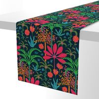 Dream Bohemian Tropical Paradise Palm Trees Exotic Floral Botanical Plants with Cute Snake in Bright Red Green Blue Orange Yellow on Dark Blue - SMALL Scale - UnBlink Studio by Jackie Tahara