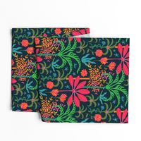 Dream Bohemian Tropical Paradise Palm Trees Exotic Floral Botanical Plants with Cute Snake in Bright Red Green Blue Orange Yellow on Dark Blue - SMALL Scale - UnBlink Studio by Jackie Tahara