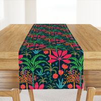 Dream Bohemian Tropical Paradise Palm Trees Exotic Floral Botanical Plants with Cute Snake in Bright Red Green Blue Orange Yellow on Dark Blue - SMALL Scale - UnBlink Studio by Jackie Tahara