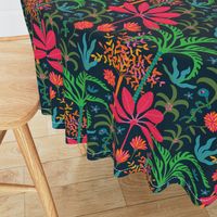 Dream Bohemian Tropical Paradise Palm Trees Exotic Floral Botanical Plants with Cute Snake in Bright Red Green Blue Orange Yellow on Dark Blue - SMALL Scale - UnBlink Studio by Jackie Tahara