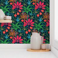 Dream Bohemian Tropical Paradise Palm Trees Exotic Floral Botanical Plants with Cute Snake in Bright Red Green Blue Orange Yellow on Dark Blue - SMALL Scale - UnBlink Studio by Jackie Tahara