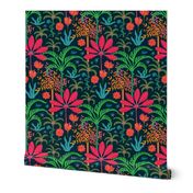 Dream Bohemian Tropical Paradise Palm Trees Exotic Floral Botanical Plants with Cute Snake in Bright Red Green Blue Orange Yellow on Dark Blue - SMALL Scale - UnBlink Studio by Jackie Tahara