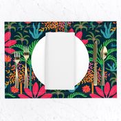 Dream Bohemian Tropical Paradise Palm Trees Exotic Floral Botanical Plants with Cute Snake in Bright Red Green Blue Orange Yellow on Dark Blue - SMALL Scale - UnBlink Studio by Jackie Tahara