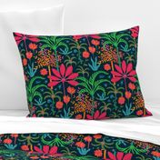 Dream Bohemian Tropical Paradise Palm Trees Exotic Floral Botanical Plants with Cute Snake in Bright Red Green Blue Orange Yellow on Dark Blue - SMALL Scale - UnBlink Studio by Jackie Tahara