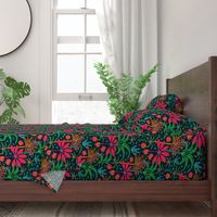 Dream Bohemian Tropical Paradise Palm Trees Exotic Floral Botanical Plants with Cute Snake in Bright Red Green Blue Orange Yellow on Dark Blue - SMALL Scale - UnBlink Studio by Jackie Tahara