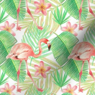 flamingos and palm leaves