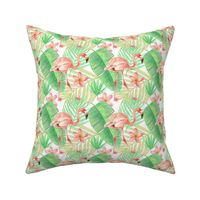 flamingos and palm leaves