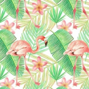 flamingos and palm leaves