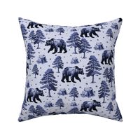 Honey Bees & Grizzly Bear Toile, Monochrome Wild Bears Forest, Flying Bee in Tree Trunk