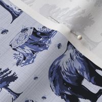 Honey Bees & Grizzly Bear Toile, Monochrome Wild Bears Forest, Flying Bee in Tree Trunk