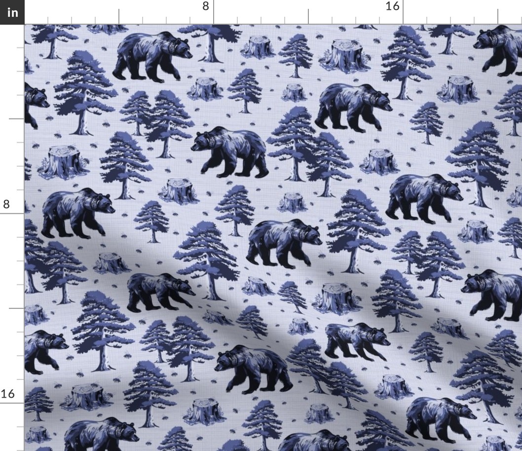 Honey Bees & Grizzly Bear Toile, Monochrome Wild Bears Forest, Flying Bee in Tree Trunk