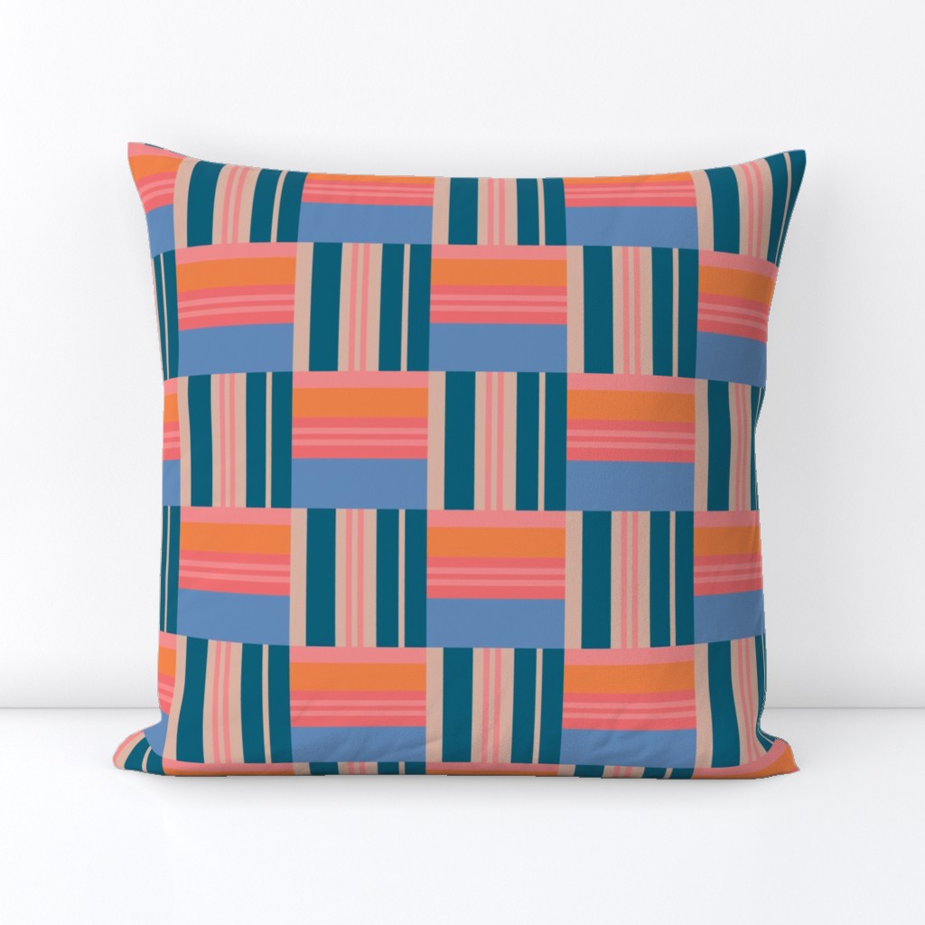 Warp and Weft Woven Abstract Geometric Checkerboard Horizontal Vertical Stripes in Blue Pink Orange Navy Indigo Cream -  MEDIUM Scale - UnBlink Studio by Jackie Tahara